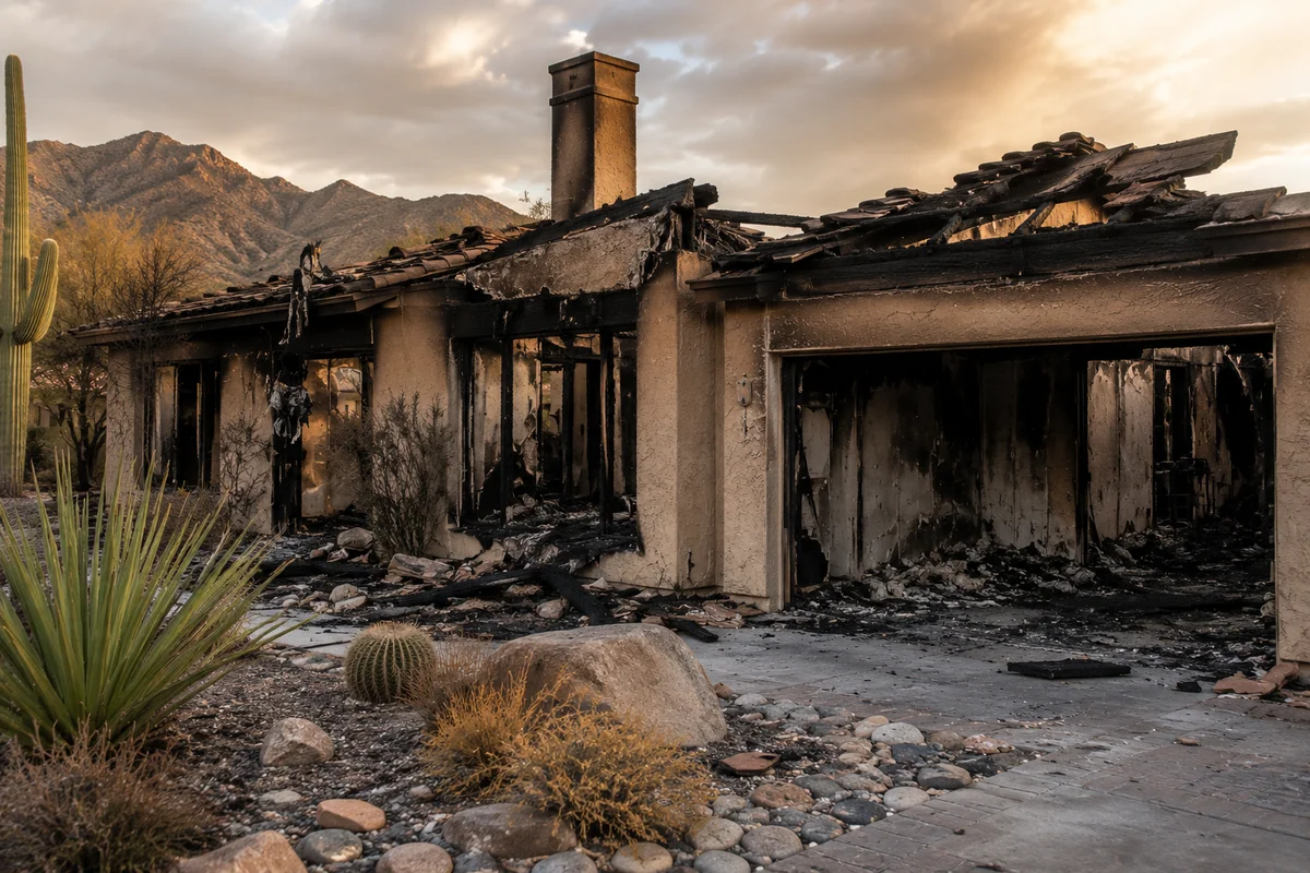 Fire-damaged Arizona home with charred framing and a scorched roof at sunset