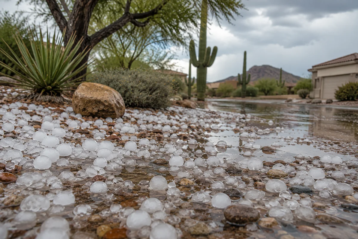 Hailstones in an Arizona desert yard with a stucco home after a monsoon storm