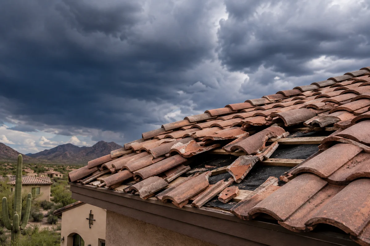 Cracked and displaced clay tile roof on an Arizona home under storm clouds