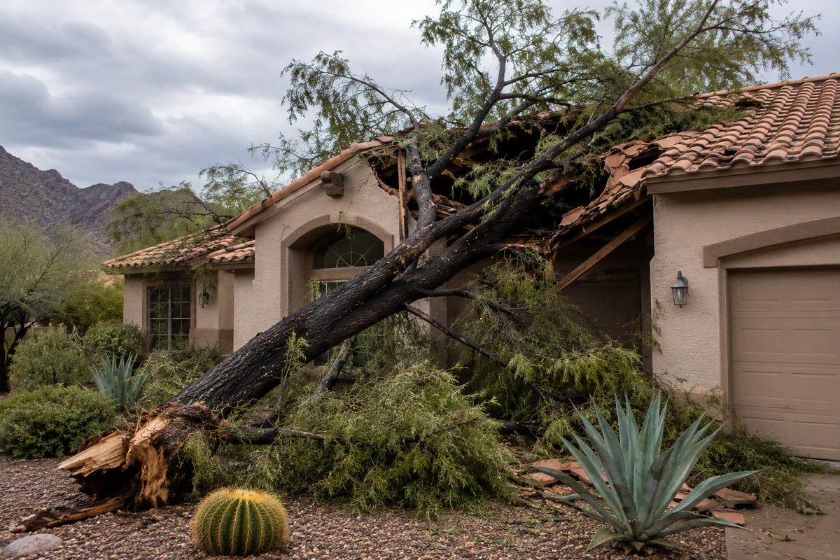 Fallen mesquite tree on the tile roof of an Arizona home after a monsoon storm