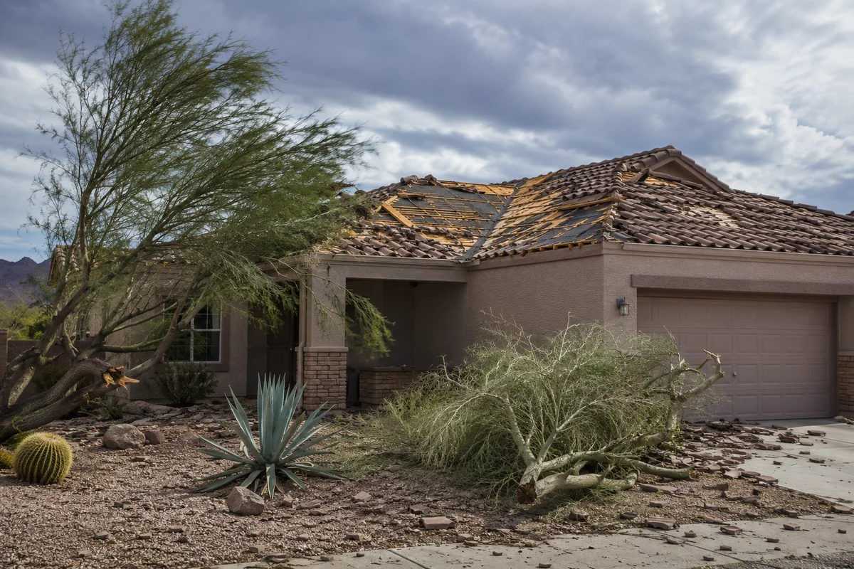 Tile roof damage and downed palo verde branches at an Arizona home after monsoon wind